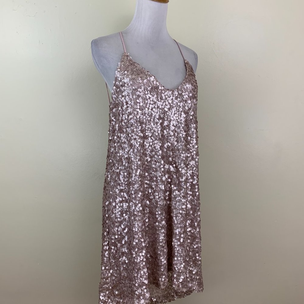 NSR Light Pink w Pink/Silver'ish Sequins Strappy Back Loose Fit High Low Dress - Picture 4 of 9